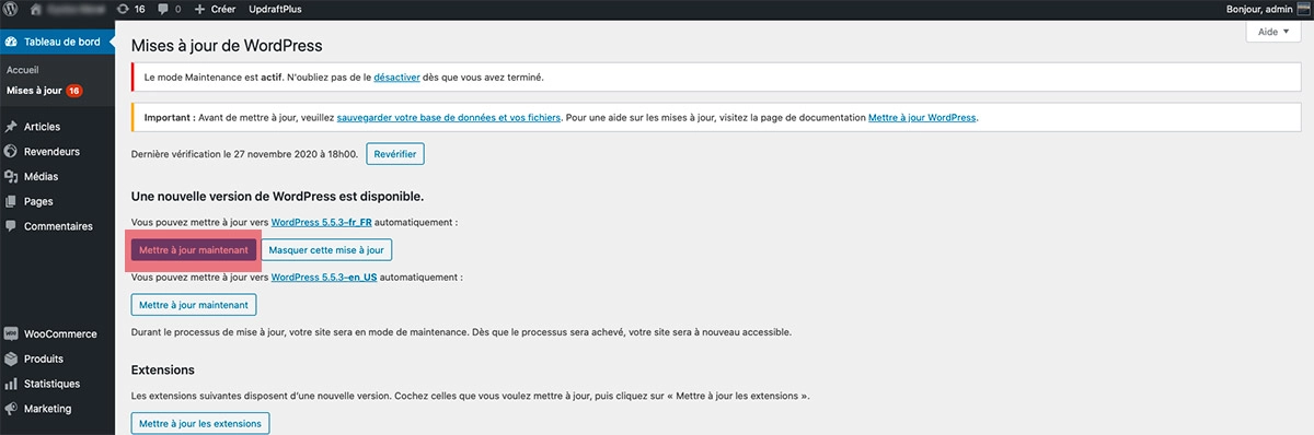 Mise à jour du core WordPress